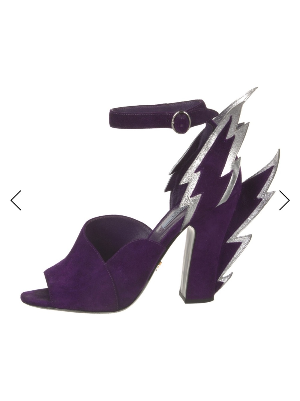Prada Purple Suede Ankle-Strap Heels with Silver Lightning Detail